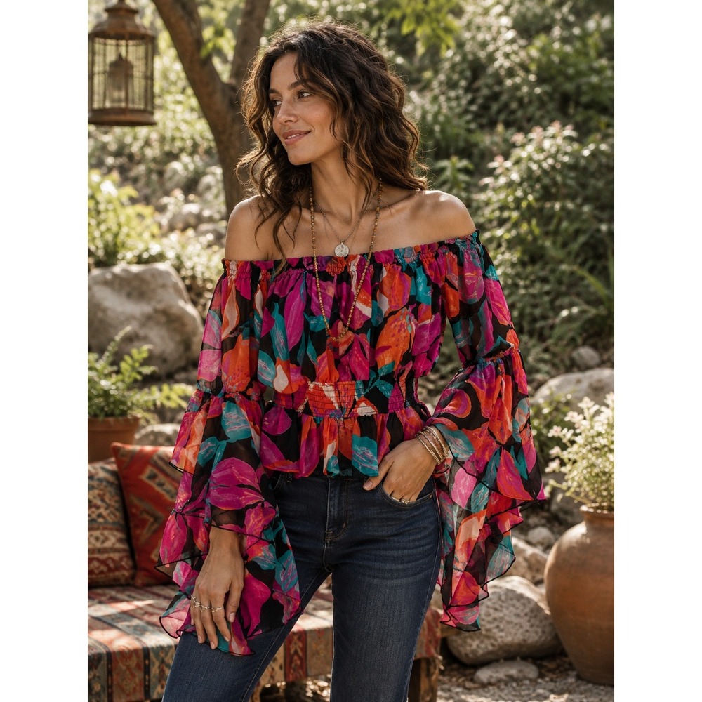 Live 4 Truth Blouse Womens Small Multicolor Floral Off Shoulder Bell Sleeve Boho